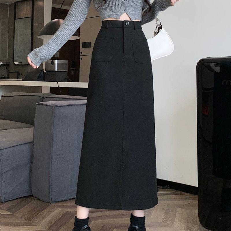 2025 Autumn/Winter Woolen High-Waisted Slimming Straight Midi Skirt with Slit