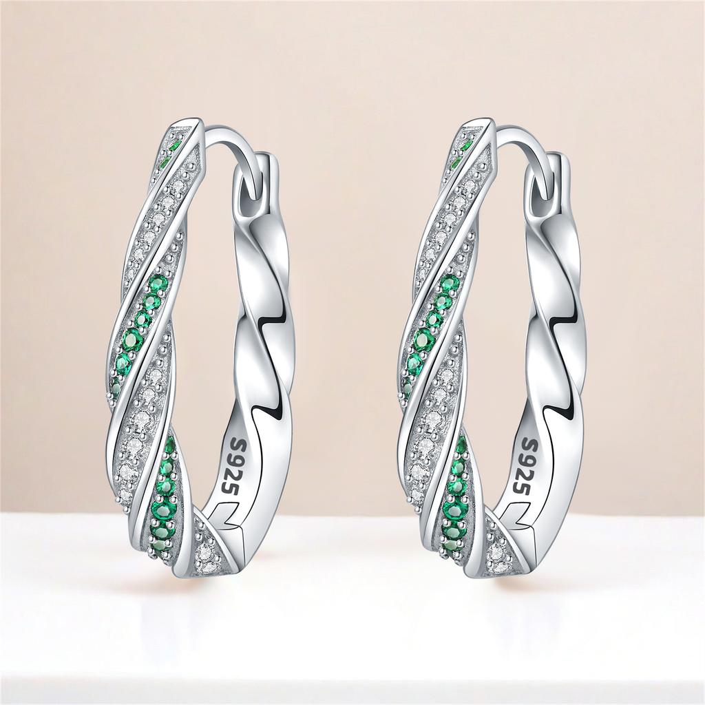 Original S925 Silver Needle Green Zircon Twist Earrings Versatile Hoop For Women Jewelry Birthday Party Fine Gifts