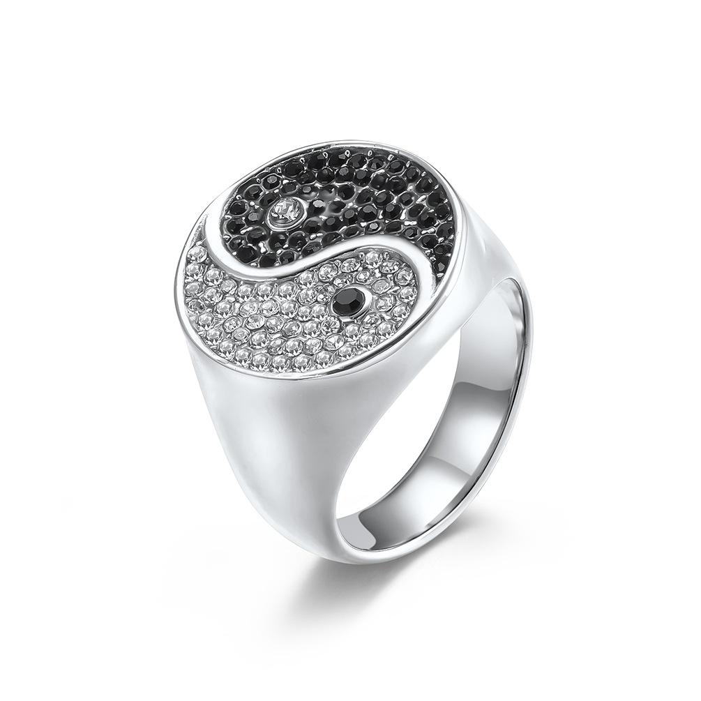 Vintage Tai Chi Figure Black and White Diamond Stainless Steel Ring Men s Titanium Steel Wrench Jewelry 7#