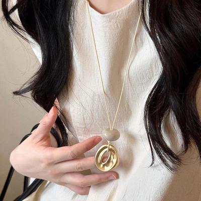 Vintage Irregular Frosted Circular Pendant Necklace for Women Girl Unique Design Long Rope Chain Necklace Christmas Jewelry Gift