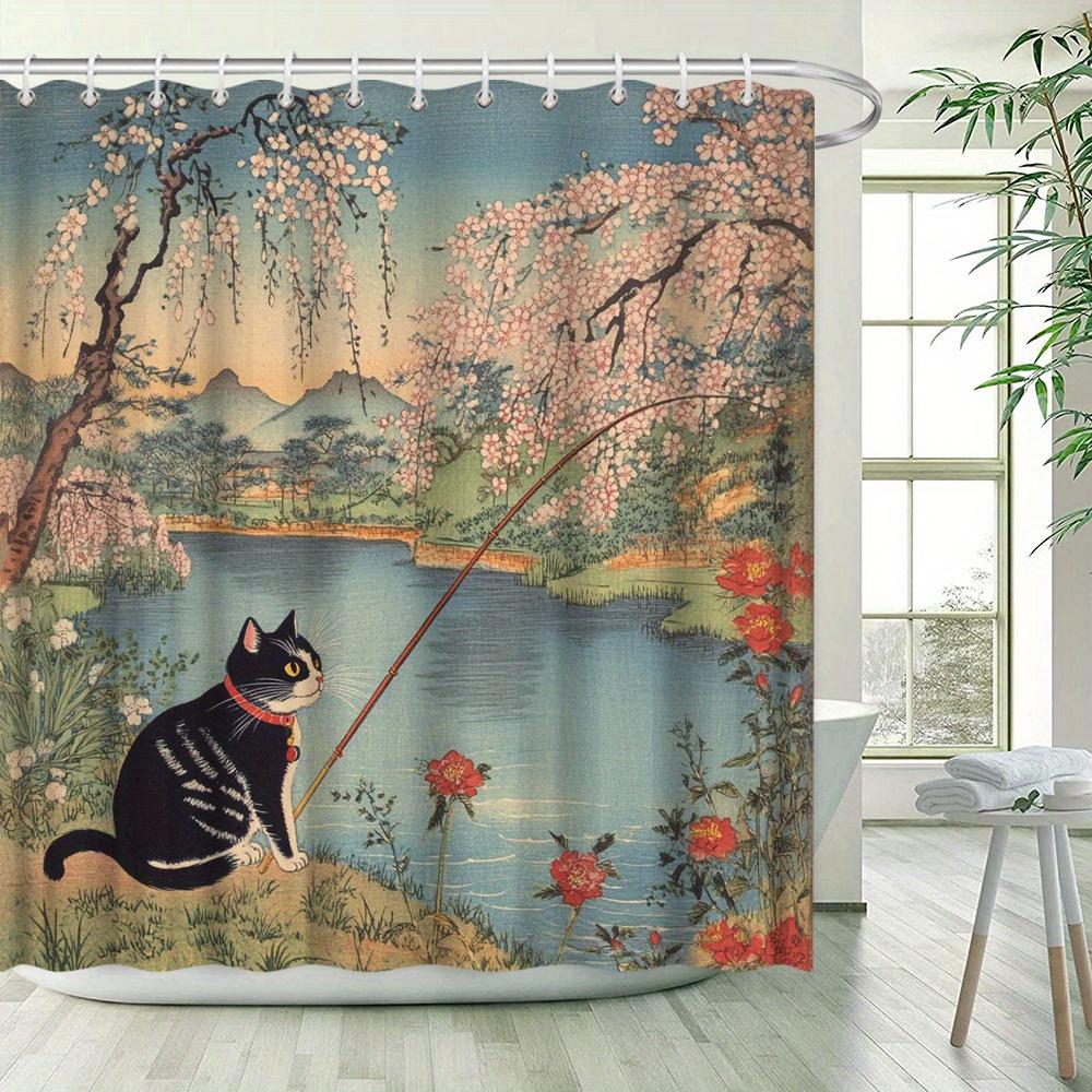 Whimsical Cat and Autumn Leaves Shower Curtain - Charming Bath Decor, Perfect for Those Who Love Cute and Seasonal-Inspired