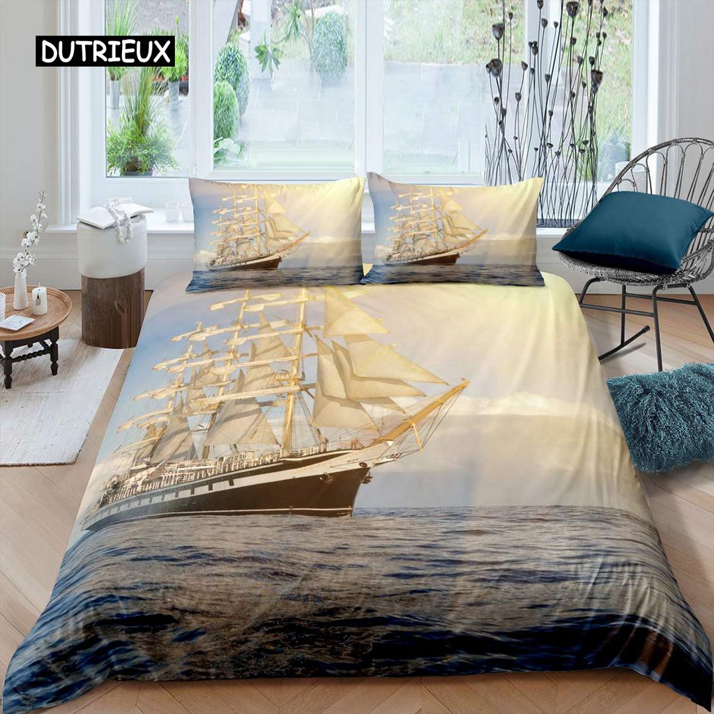Sailboat Bedspread Cover Collection Plush Microfiber Fabric Nautical Decor Queen Dimension Retro Pirate Sailboat Comforter Cover Sunset Marine Pattern