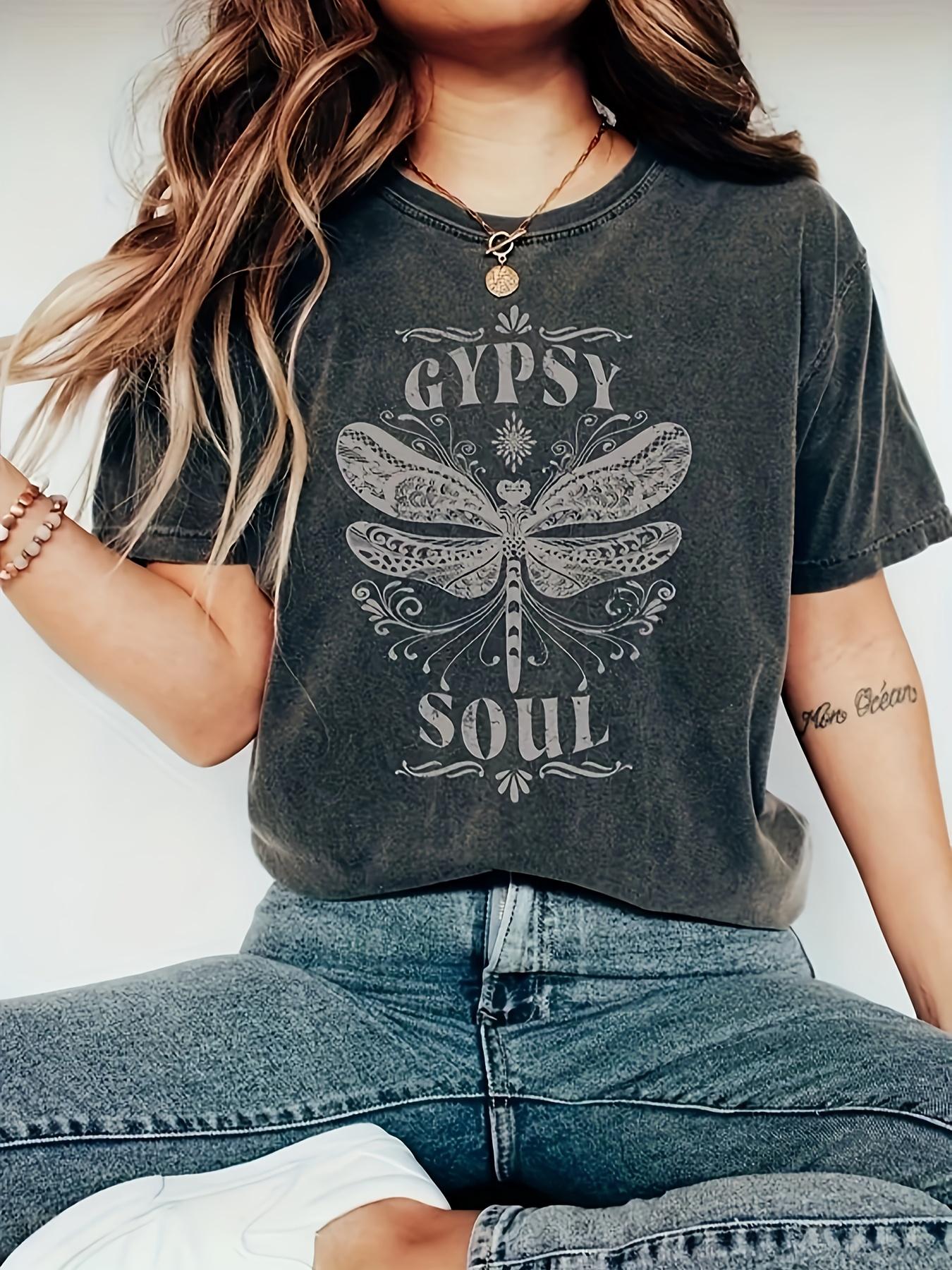 Gypsy Soul Dragonfly Women s Tee, Boho Graphic Dark Grey Top S