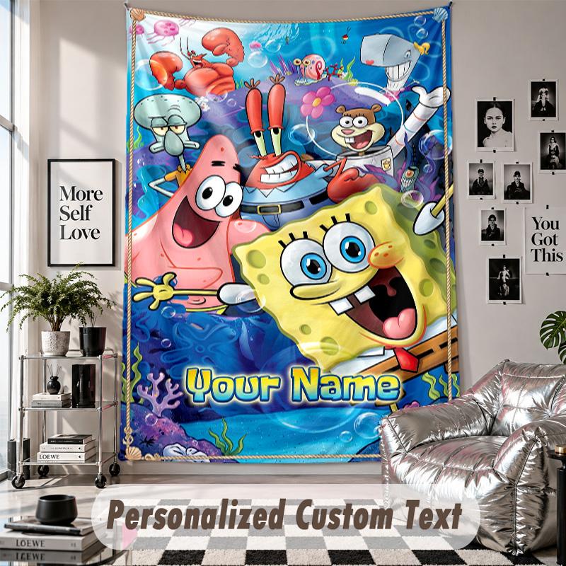 Wall Hanging Tapestry With Custom Name & Text, SpongeBob Decorative Tapestry For Bedroom