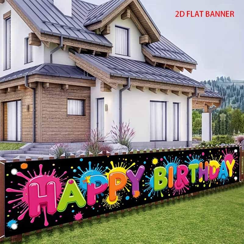 Happy Birthday Fence Banner Ink Splatter Decorate Lively Outdoor Yard Decor