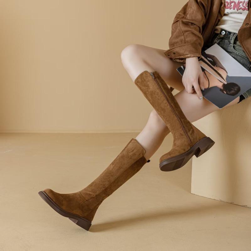 Fleece Shoes, Long Boots, New Versatile and Retro Boots for Women, Thick Mid-heel Boots
