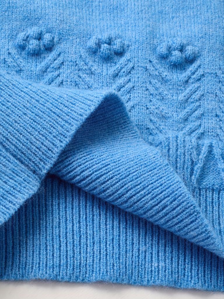 Cozy 3D Embroidered Floral Sweater for Women Loose Fit Long Sleeve Pullover, Light Blue Round Neck Sweater for Fall & Winter