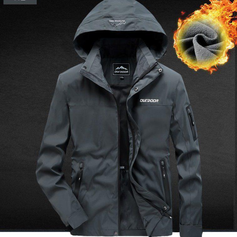 Men's Windproof Waterproof Fleece-Lined Jacket with Removable Hood for Autumn and Winter - Stain-Resistant Outdoor Mountaineering Outerwear.