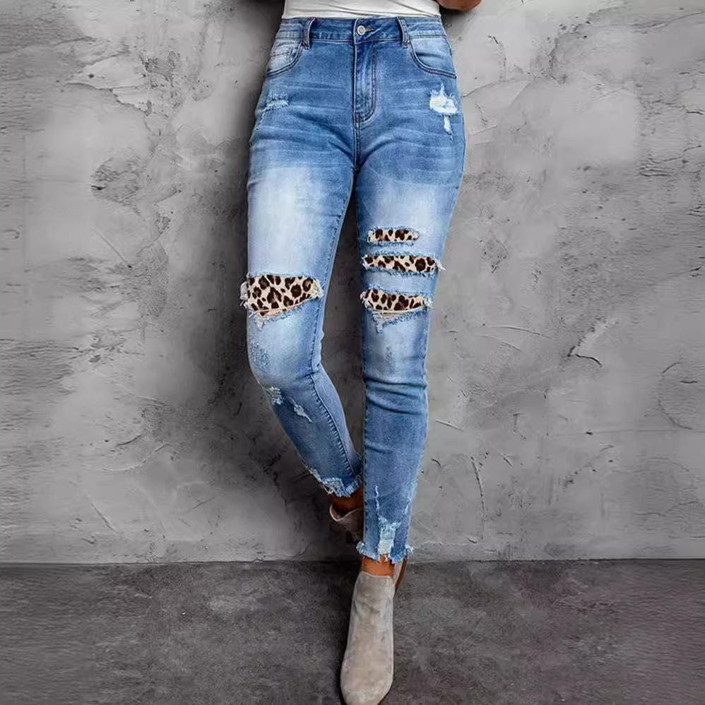 

Весняно-осінні нові розбиті дірки з леопардовою нашивкою Тонкі жіночі випрані джинси із середньою талією M