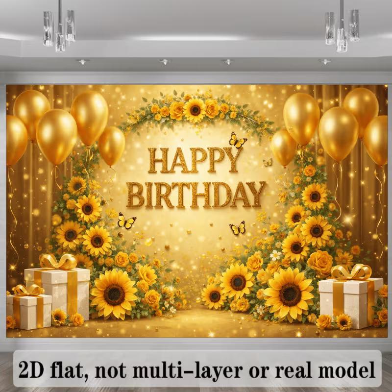 2D Sonnenblume Gold Geburtstag Fotografie Hintergrund mit Ballons & Geschenken