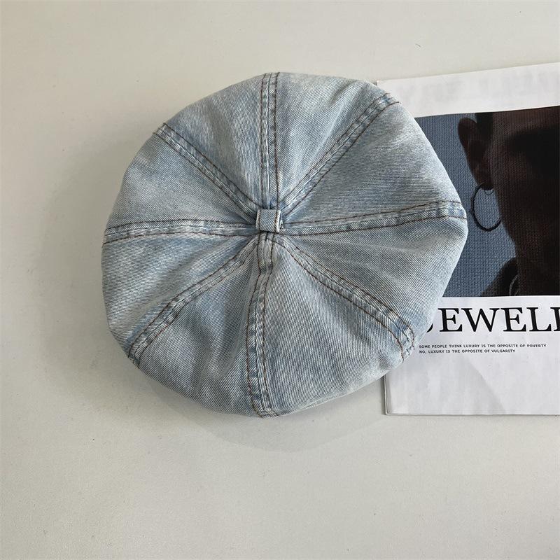 

Niche wind-washed old denim beret retro octagonal hat can be worn in all seasons painter hat pumpkin hat tide M（56-58cm） світло-синій колір