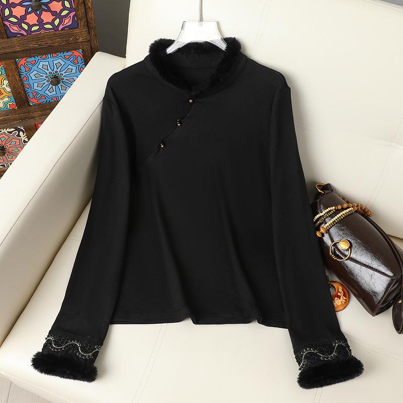 

Women s Chinese-Style Plush High-Neck Velvet Base Layer Top – Slim Fit with Frog Buttons, Long-Sleeved, Warm for Autumn & Winter 2XL [Suggestion: 135-145 jin] чёрный