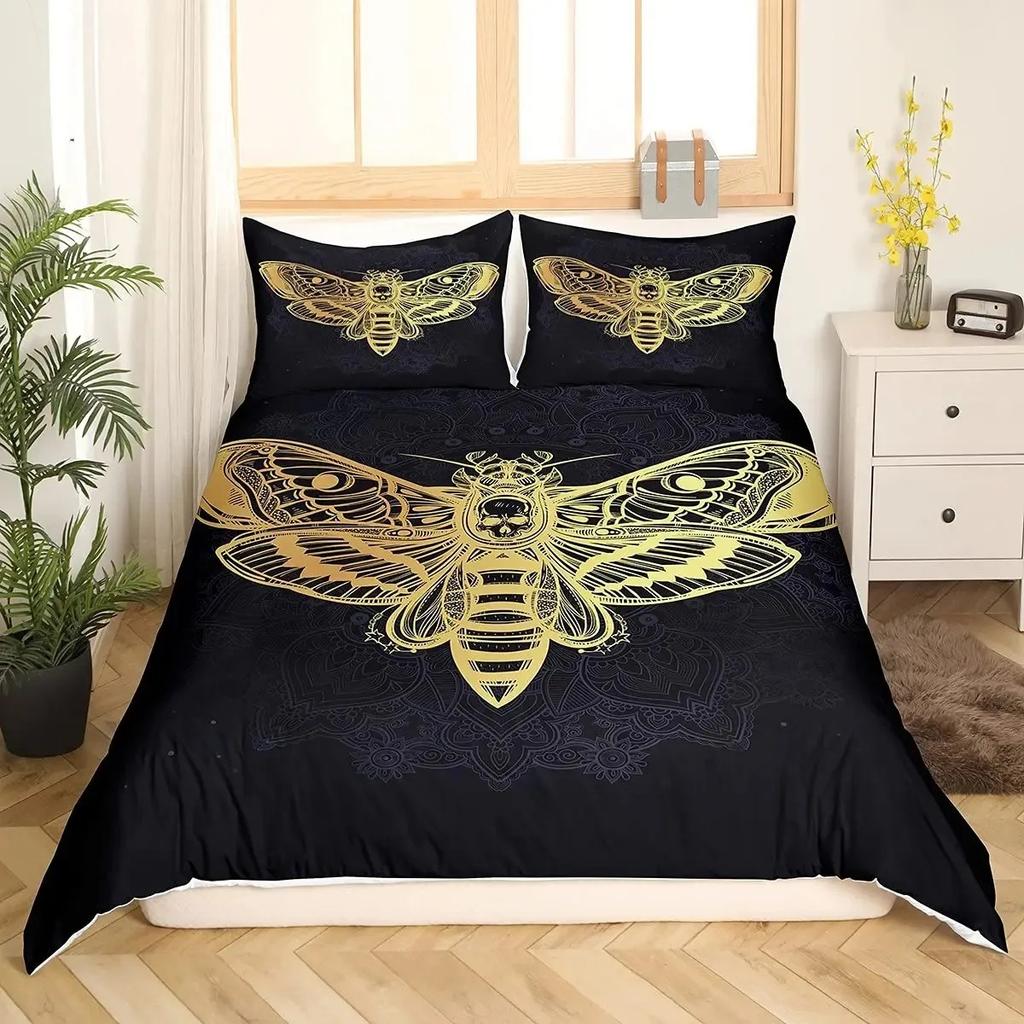 Gothic Skul Soft Duvet Cover Set, Death Moth Plus Flowers Warm Comforter Cover King Personalized Skeleton Bones Beding Sets Black Cream