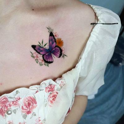 Premium Personality Simple Dopamine Color Butterfly Flower Collarbone Tattoo Sticker