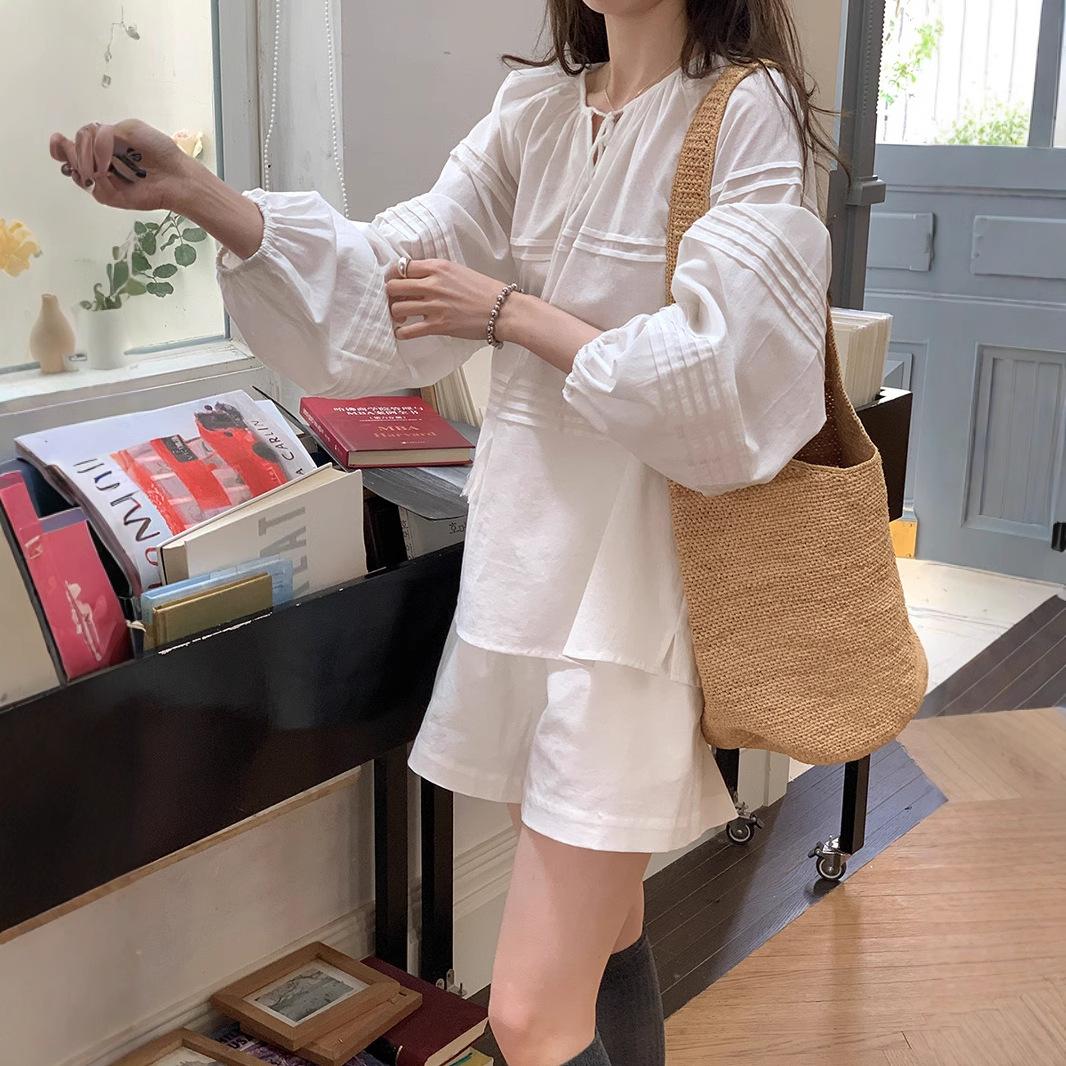 

Simple Long-sleeved Shirt + High-waisted Casual Pants Shorts M