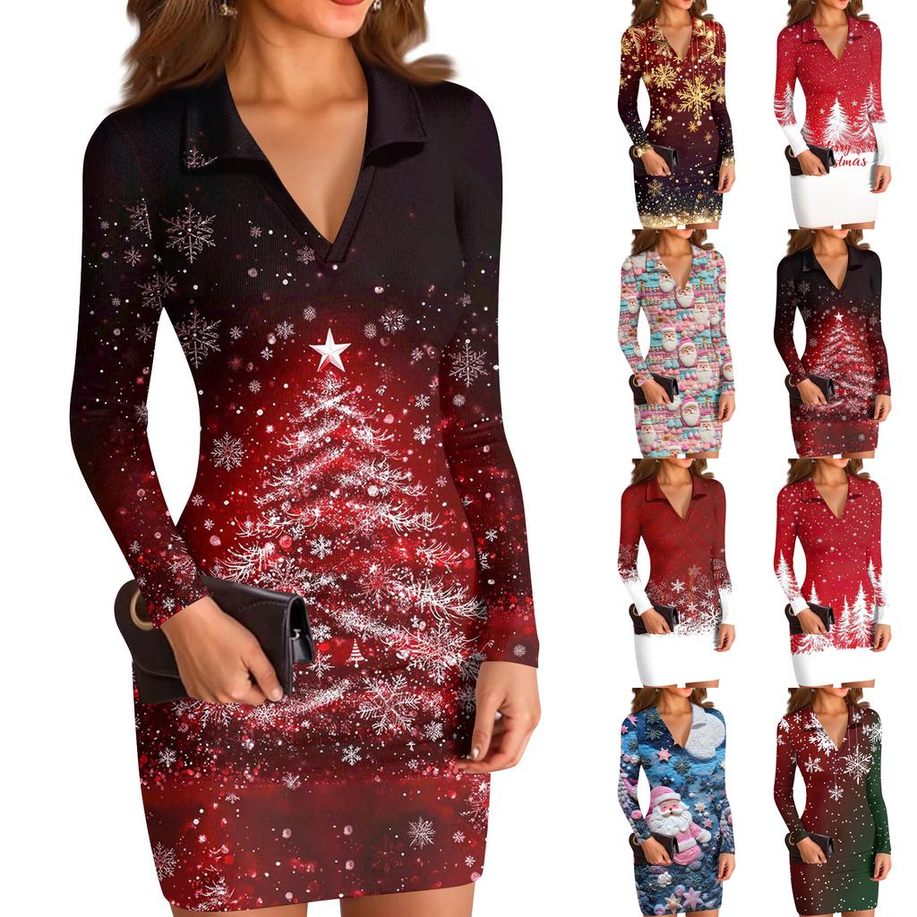 Women's V-neck Casual Print Long-sleeved Fitted Dress