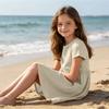 Girls Short Sleeve Dress Casual Loose Fit Breathable Cotton Linen Blend Summer Dress with Gathered Waist and Round Neck for Daily Wear