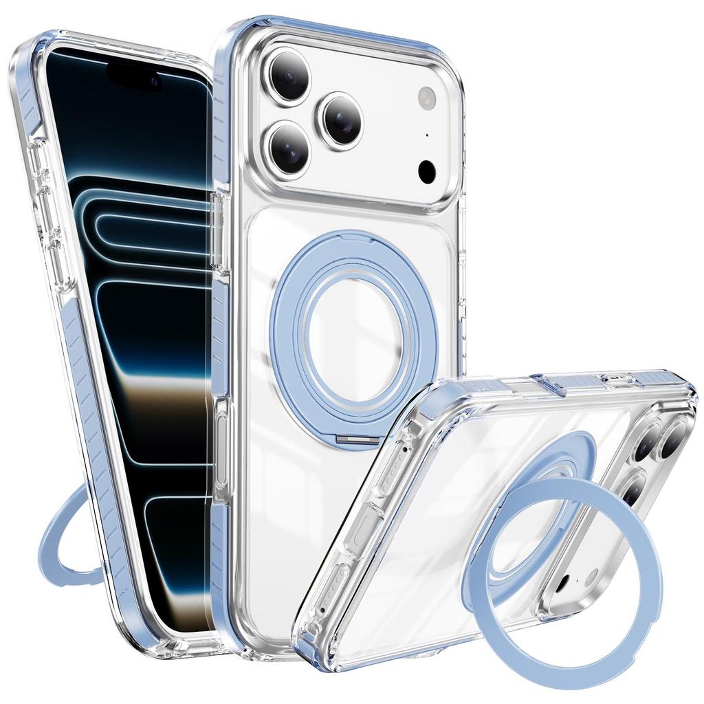 iPhone 17 Pro Max Magnetic Transparent Case with Two-Color Rotating Stand for Apple 16/15 Pro