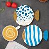 4PCS 2D 4in Artistic Cartoon Fish-Shaped Wooden Coaster Blue White Pattern Anti-slip Heat-resistant Home Coffee Shop Bar Gifts