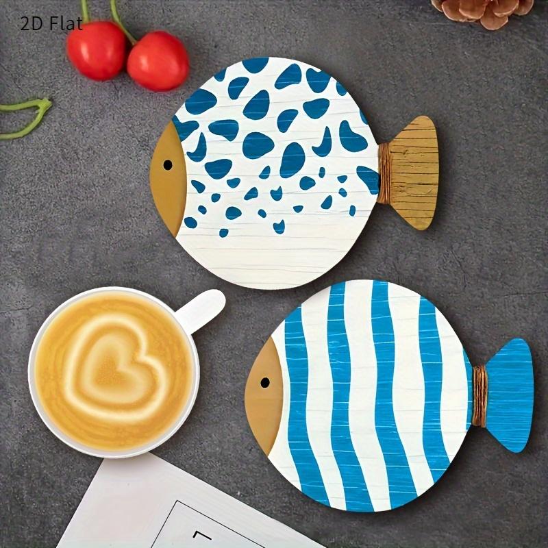 4PCS 2D 4in Artistic Cartoon Fish-Shaped Wooden Coaster Blue White Pattern Anti-slip Heat-resistant Home Coffee Shop Bar Gifts