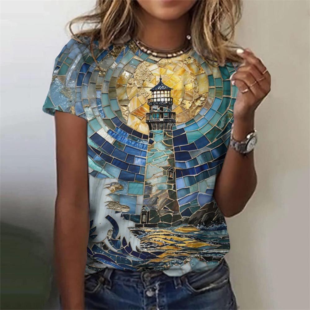 Sommer 3D-gedrucktes Ozean-Leuchtturm-T-Shirt für Damen Grafik-T-Shirts Nachtszene Lässige Harajuku T-Shirts Kurzarm Rundhals Oberteile