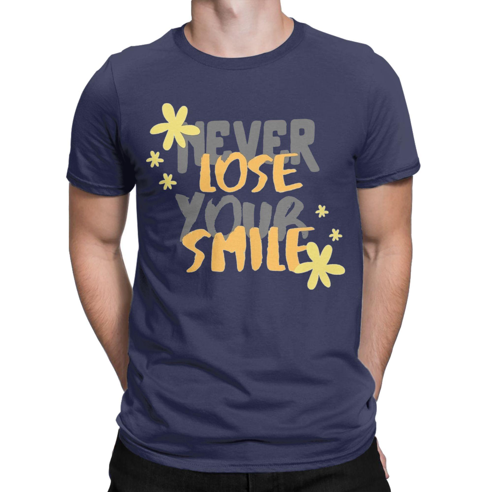 

Никогда не теряй свою улыбку Мужская футболка Смешная футболка с коротким рукавом и круглым вырезом Футболка из чистого хлопка Одежда больших размеров XXXXXL темно-синий