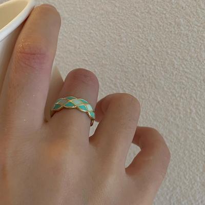 Sweet Light Luxury Oil Drop Ring Female Two-colour Splicing Diamond Lattice Pattern Open Finger Ring Personality Fashion Index Finger Everyday Ring