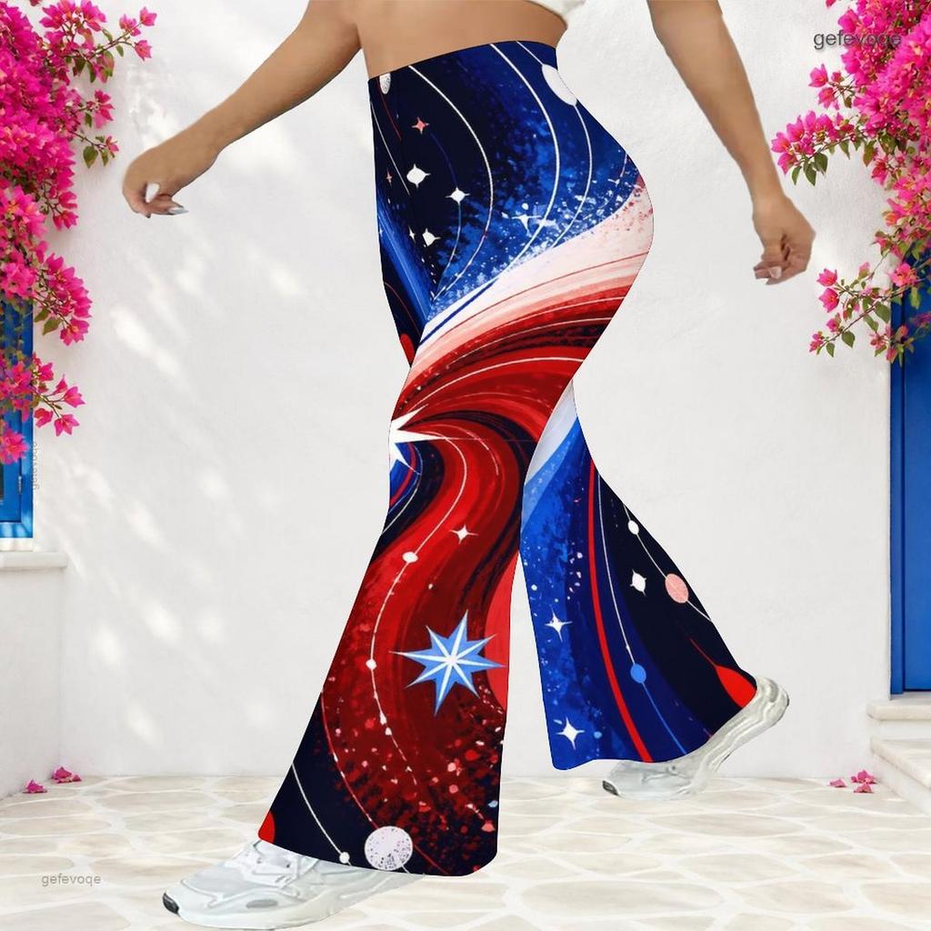 Women Plus Size High Waist Red Blue Star Printed Full Length Flared Pants