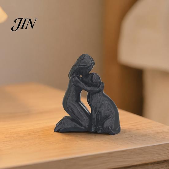 Moisture-proof Home Decor 3D Printed Girl with Dog Figurine Ornament, Minimalist Squatting Pose Pet Lover Gift Sculpture, Healing & Decoration,