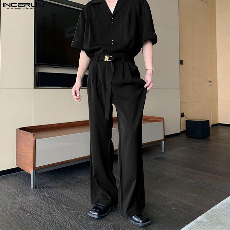 INCERUN Two Pieces Outfits Men Lapel Neck Short Sleeve Striped Shirt Long Suit Pants Sets
