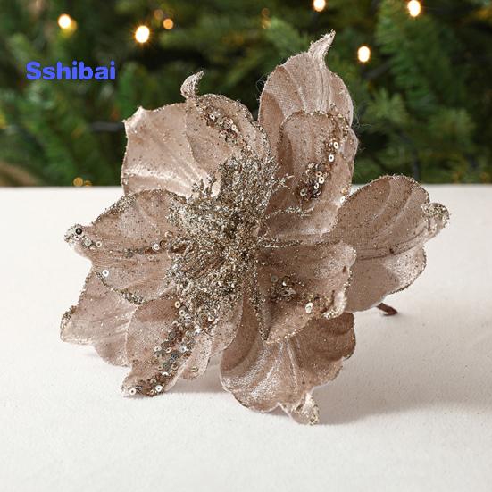 Glitter Artificial Flower Christmas Tree Decoration Vibrant Color Realistic Looking Easy To Hang Faux Flower Holiday Party Ornament