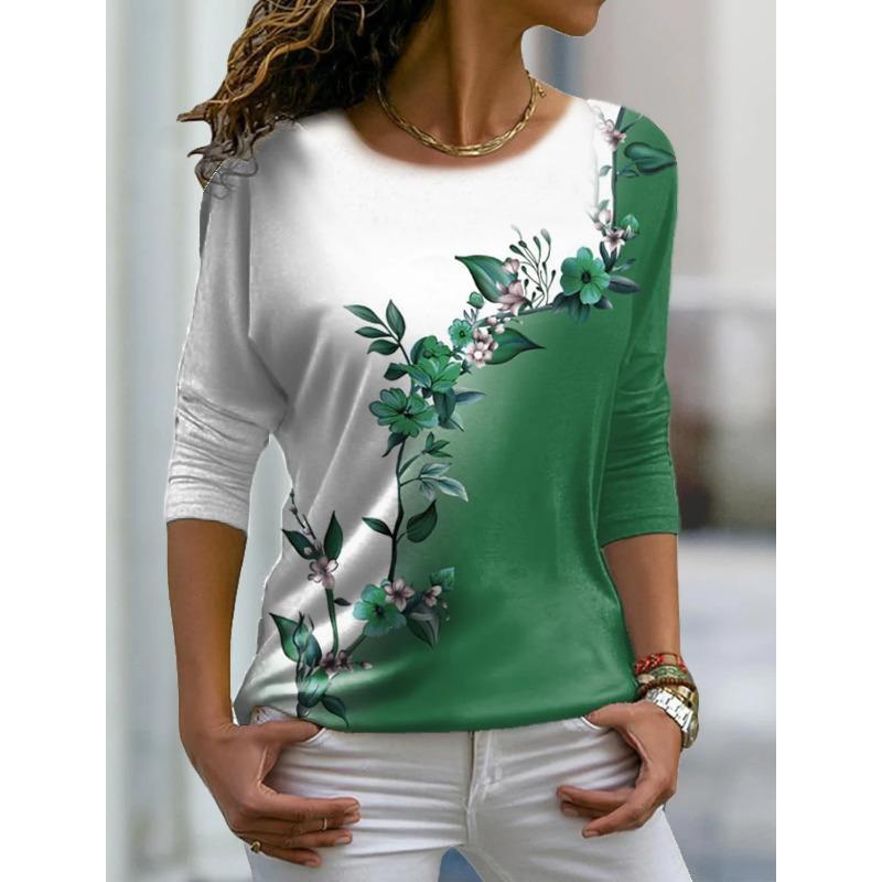 Autumn versatile long sleeved women's T-shirt with floral pattern printed regular retro casual O-Neck Bohemian multi-color top