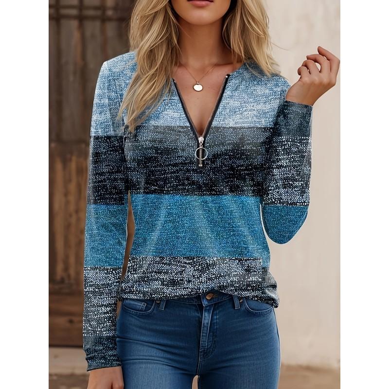 Womens V-Neck Half-Zip Long Sleeve Oversized Hoodie With Geometric Print Casual Comfort Fit 2025