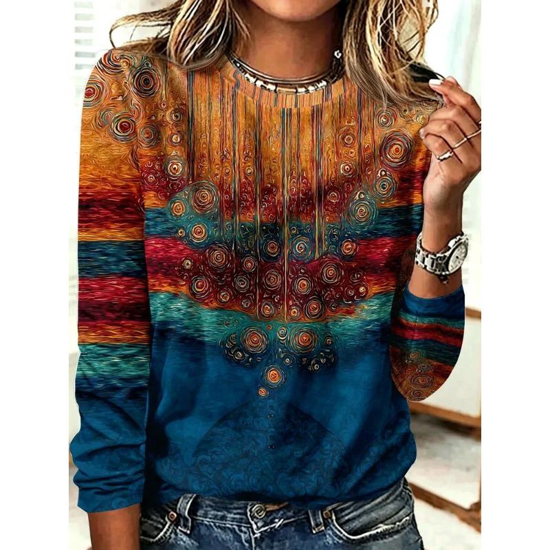 Women's Autumn and Winter 3D Variegated Printed Crew Neck Long Sleeve T-Shirt