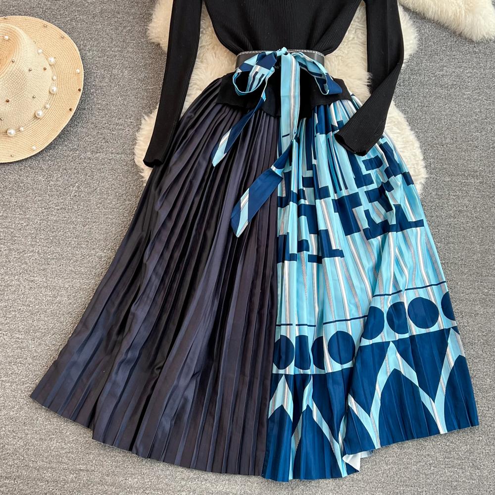 Vintage Elegant  O Neck Print  Pleated Long Sleeve Knit Dress A-line Casual Women Fashion High Waist Summer Spring