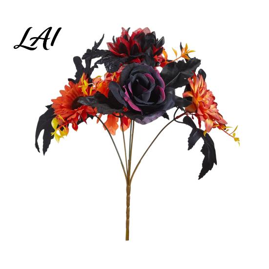 Fake Maple Leaf Decor Halloween Artificial Flower Fall Faux Sunflower Rose Bouquet with Black Maintenance Free Flowers Leaves Autumn Floral