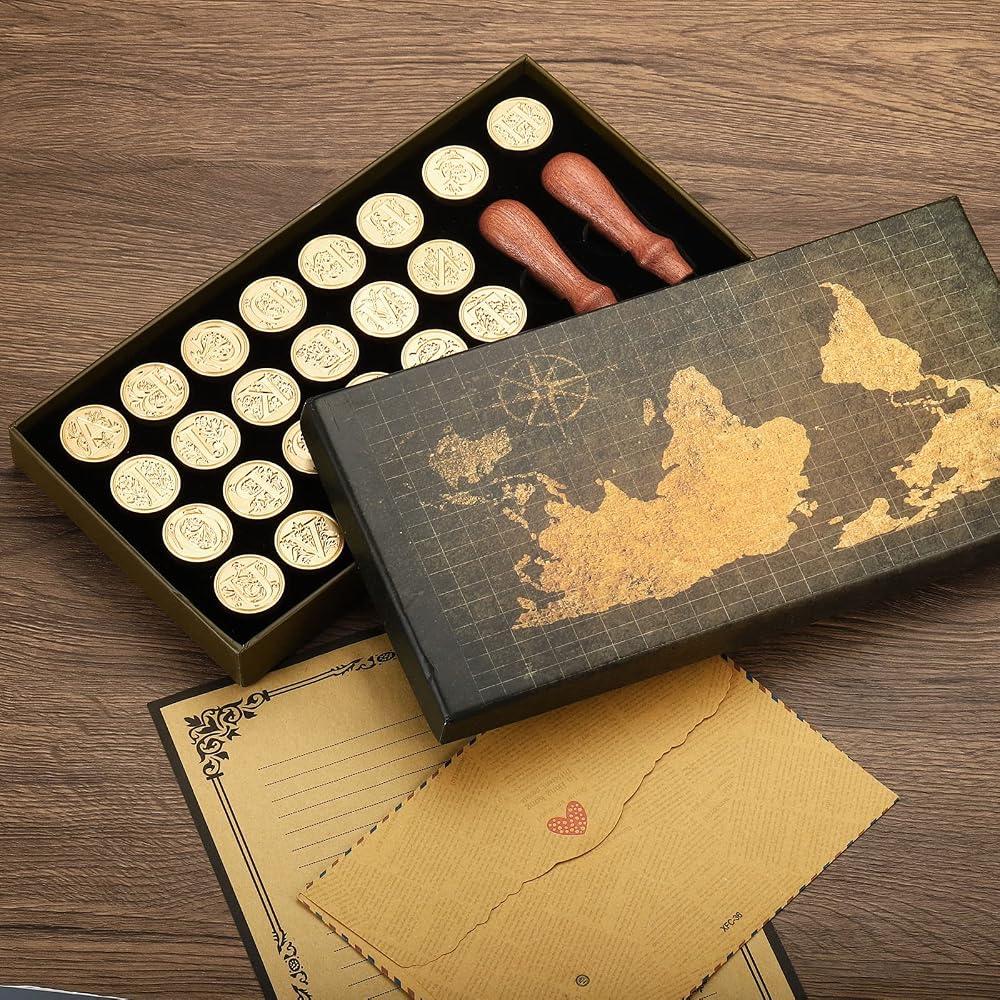 Patikil Alphabet Wax Seal Stamp Kit A-Z Brass Head Vintage Sealing Wax Stamp Gift Box