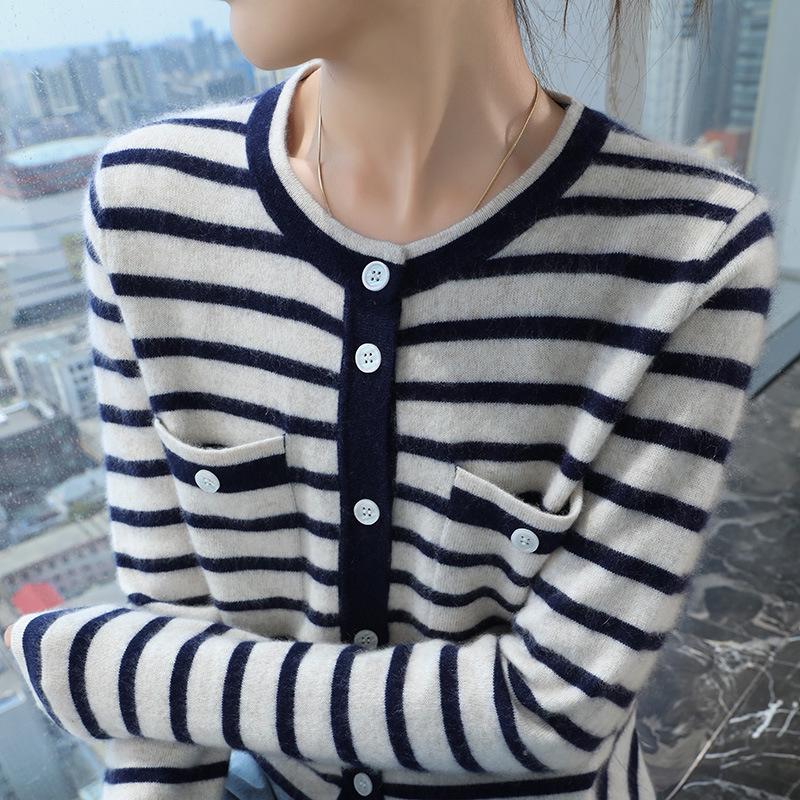 Women's Striped Cashmere Sweater Cardigan - Long Sleeve, Round Neck, Color Block, Fashionable and Age-Reducing for Winter.