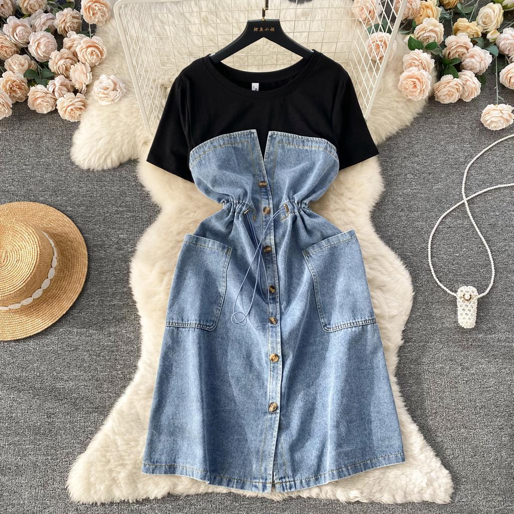 Summer Short Sleeve Denim Dress for Woman Fake Two Jeans Patchwork Women's Dresses Korean Clothing