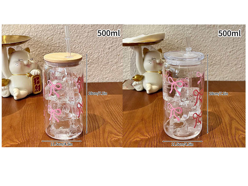 500ml/16oz Cute Bow Glass Cup Tumbler Summer Water Bottle Bow With Lids Straw Coffee Cups for Bubble Tea Iced Coffee Juice Cup