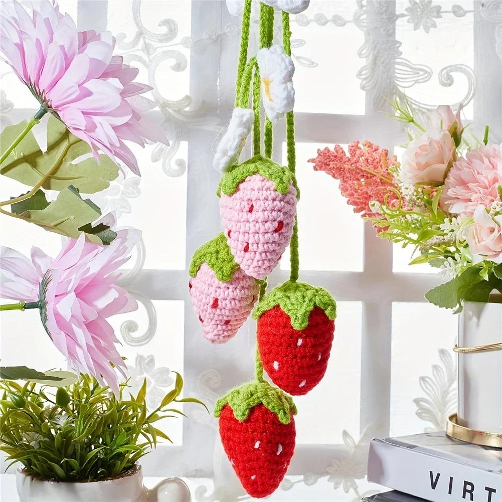 New Cute Handmade Flower Knitted Pendant Strawberry Crocheted Car Decoration Rearview Pendant Bag Key Mirror Ornaments Girl Gift