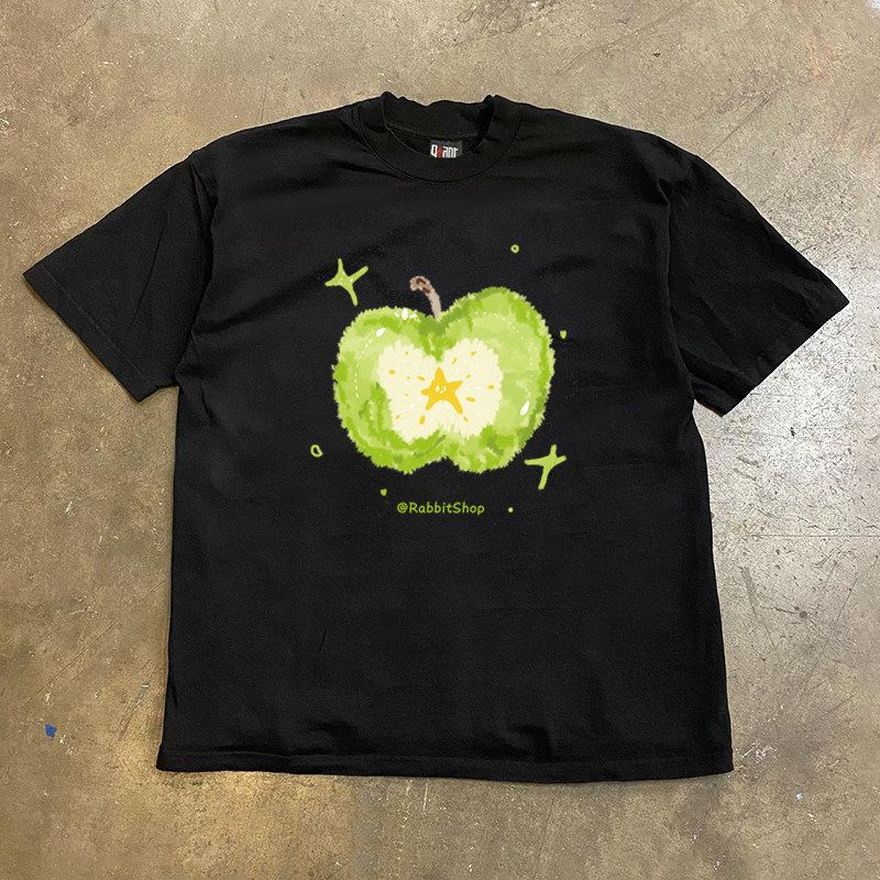 Igeumm 260G Heavy Weight American vintage Niche Design Sense XINGX Green Apple Loose Cotton Short sleeve T-shirt Women