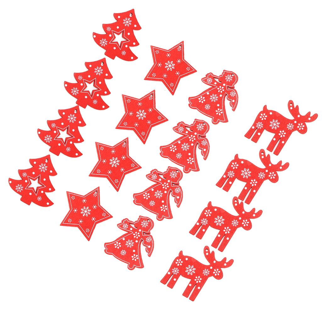 16Pcs Decorative Wood Chips Elk Star Angel Christmas Tree Wooden Hanging Ornaments with Twine