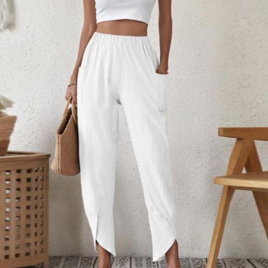 Women's Fashion Temperament Solid Color Casual Bunched Foot Pants Loose Pocket Cotton Hemp Cloth Small Foot Pants