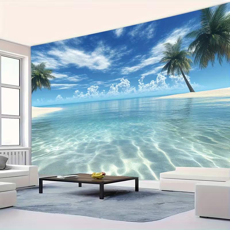 Tropical Beach Ocean Tapestry, Palm Tree Seascape Background Cloth, Summer Wall Decor