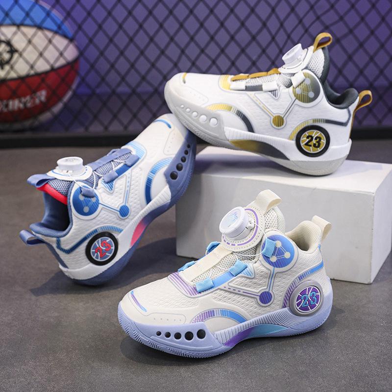 Youth 2025 New Mesh Children's Basketball Shoes Boys Rotating Button Sneakers Middle and Older Children's Students Battle Boots