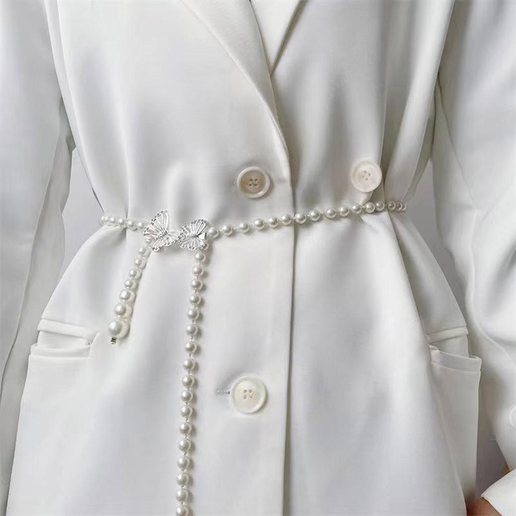 Adjustable Butterfly Pearls Waist Chain Luxury Pearls Waist Band Thin Belt Enjoy Female Elegances for Various Occasion