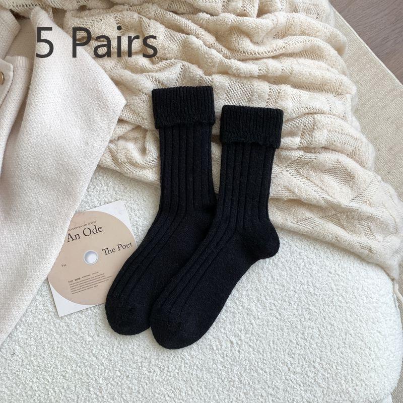 5 Pairs of Thick Woolen Socks for Women, Winter Warmth, Solid Color Long Tube Pile Socks, Warm Fleece Women's Socks