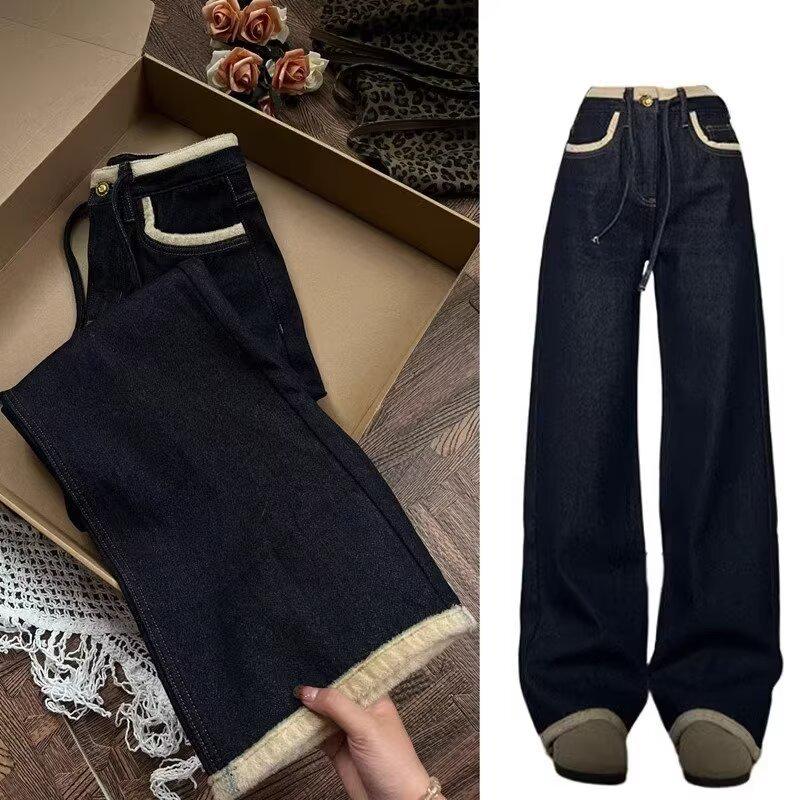 Women s Retro Velvet High-Waisted Wide Leg Jeans - Plus Size, Winter Thickened, Slimming Design XL
