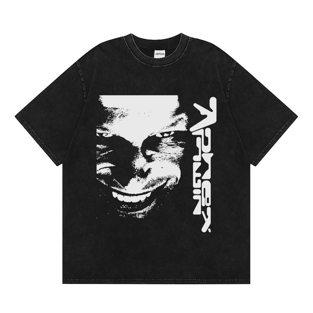 Harajuku Oversized Streetwear Pánské Tričko Aphex Twin Potisk Obličeje Vrcholy Bavlna Hip Hop Krátký Rukáv Oblečení Goth Y2k Trička